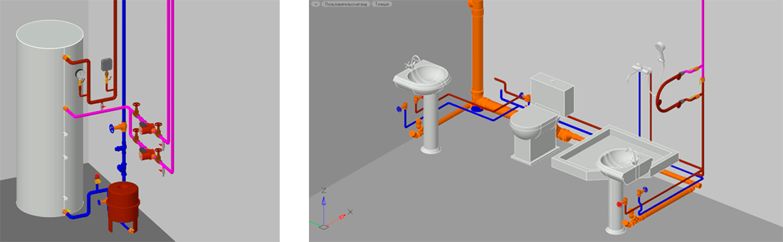 Системы водоснабжения и канализации здания АБК, выполненные в ПО Model Studio CS Водоснабжение и канализация