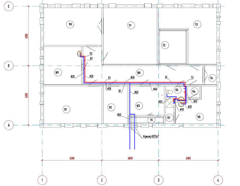 Пример плана системы водоснабжения здания, полученного преднастроенной проекцией