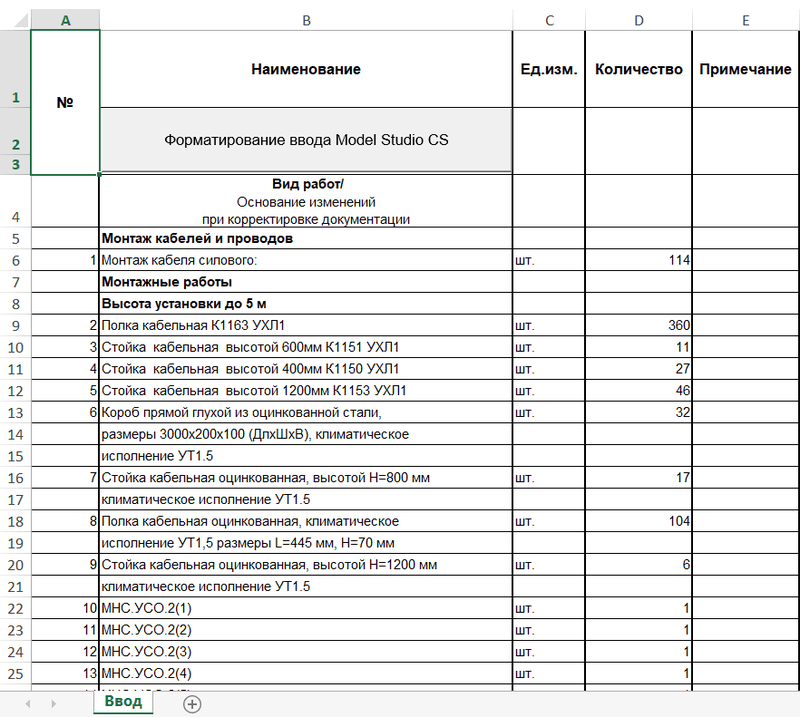 Ведомость объемов работ в формате Excel