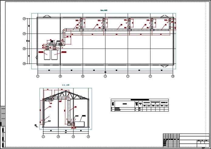 Пример плана и разреза системы вентиляции здания насосной