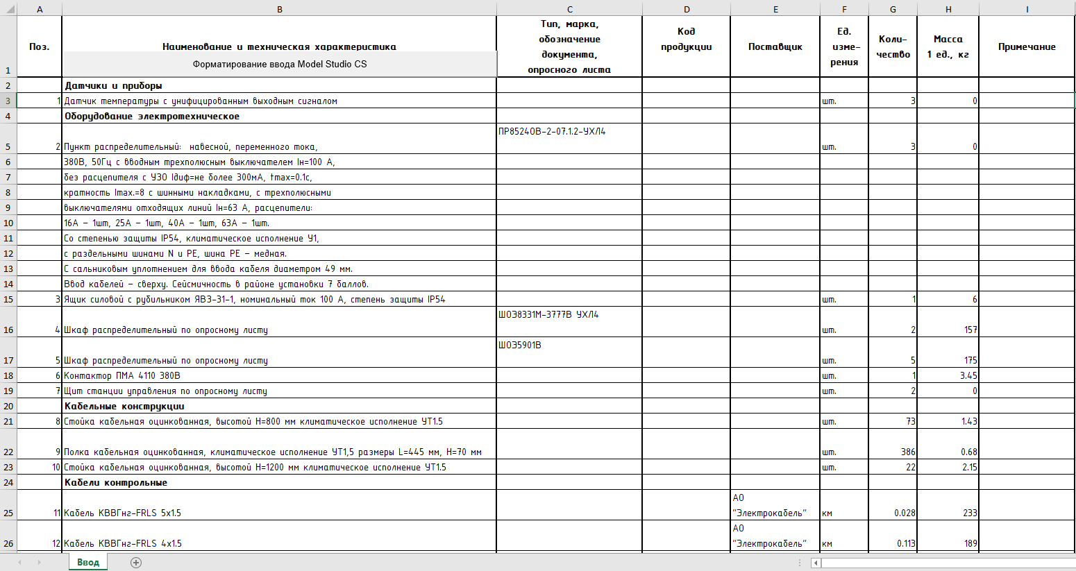 Выведенная спецификация в формате Excel