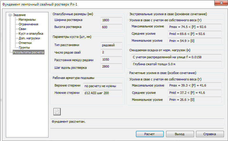 Результаты расчета фундамента